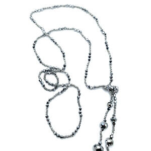 Vintage Chrome Silver Necklace Faceted Crystal Beaded Hand Tied Lariat Flapper